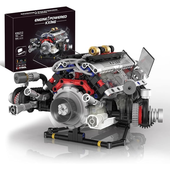 V8 Engine Building Blocks Set, APP Controlled Combustion Model Kit with Rechargeable Motor, Physical Science Experiment Toy (664 PCS)