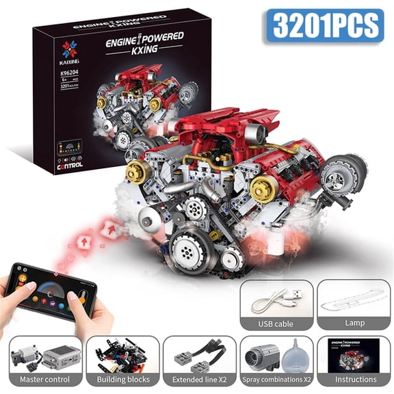 V8 Engine Building Kit that Works, APP-Programmable,Build Your Own Model Engine for Adult,8-Cylinder Car Engine with Spray & Light, Building Engineering Toys for Adults (3201PCS)