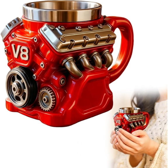 V8 Engine Coffee Mug 10oz / 300ml, 3D Resin Muscle Car Cup with Stainless Steel Liner, Cool Auto Parts Beer Stein, Novelty Mechanic Birthday Gift for Men Dad Husband Red