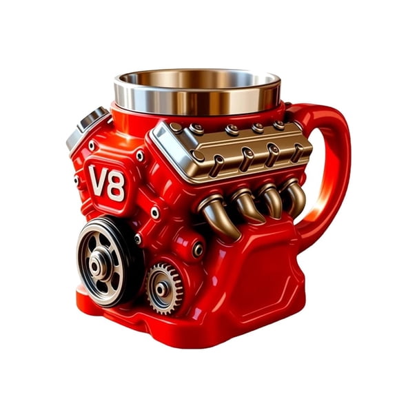V8 Engine Coffee Mug Red Stainless Steel Cup, Personalized Double Wall Insulation Car Mug with Handle Perfect for Father's Day, Christmas, Husband, Mechanic, Car Enthusiast