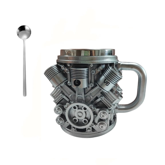 V8 Engine Design Coffee Mug with Spoon 400ml Stainless Steel Car Enthusiast Gift, Unique Novelty Mug for Home or Office