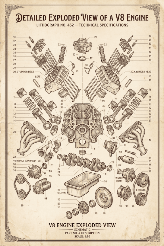V8 Engine Exploded View Poster Detailed Mechanical Diagram HD Blueprint ...