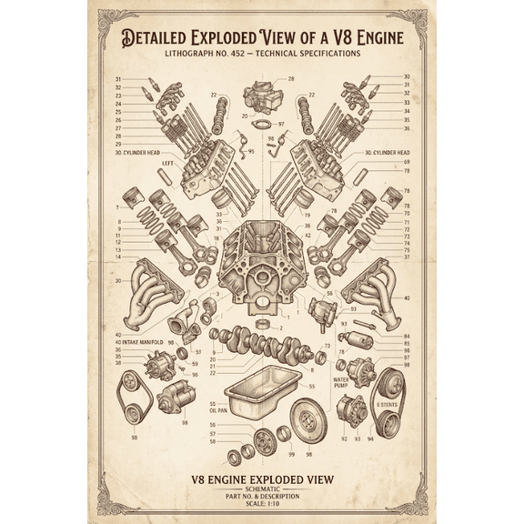 V8 Engine Exploded View Poster Detailed Mechanical Diagram HD Blueprint Automotive Wall Art Gift