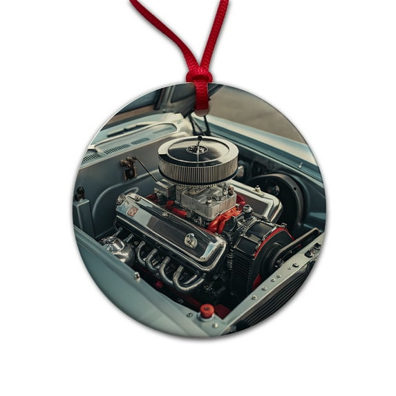 V8 Engine In Classic Muscle Car Christmas Tree Holiday Round Ceramic Ornament