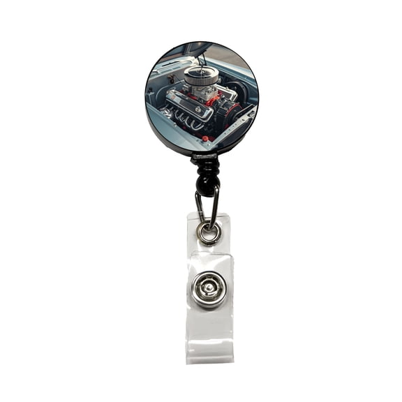 V8 Engine In Classic Muscle Car Retractable Reel ID Badge Key Card Name Tag Holder with Clip