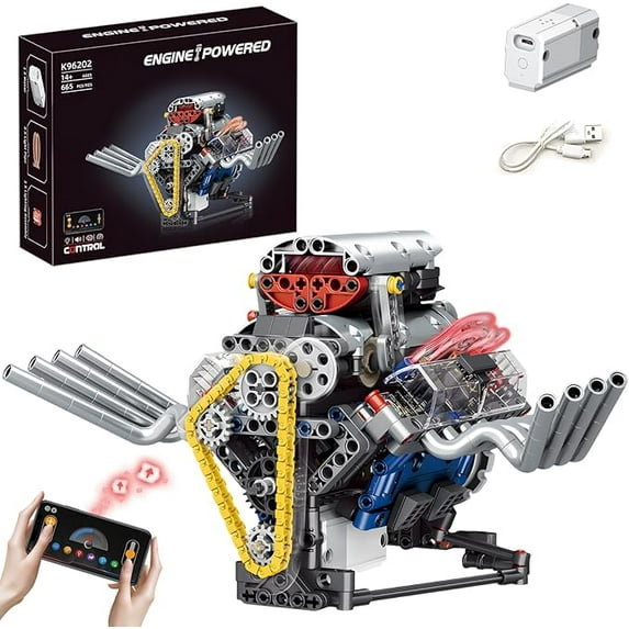 V8 Engine Kit That Work, Visible Car Engine Model Kit with Motor and Lights, Build Your Own Car Engine Kit with App Control Kit, STEM Project for Kids Adults 14+