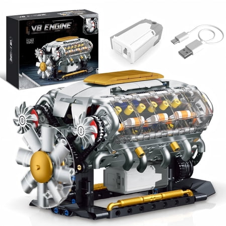 Sanie V8 Engine Model Assembly Kit DIY Hand-Assembled Miniature Moving Car Engine Transparent Mechanical Structure Physics Science Experiment Teaching Aid Assembly Set Ideal for Science Exploration