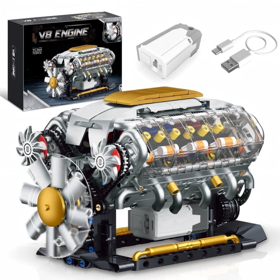 Sanie V8 Engine Model Assembly Kit DIY Hand-Assembled Miniature Moving Car Engine Transparent Mechanical Structure Physics Science Experiment Teaching Aid Assembly Set Ideal for Science Exploration