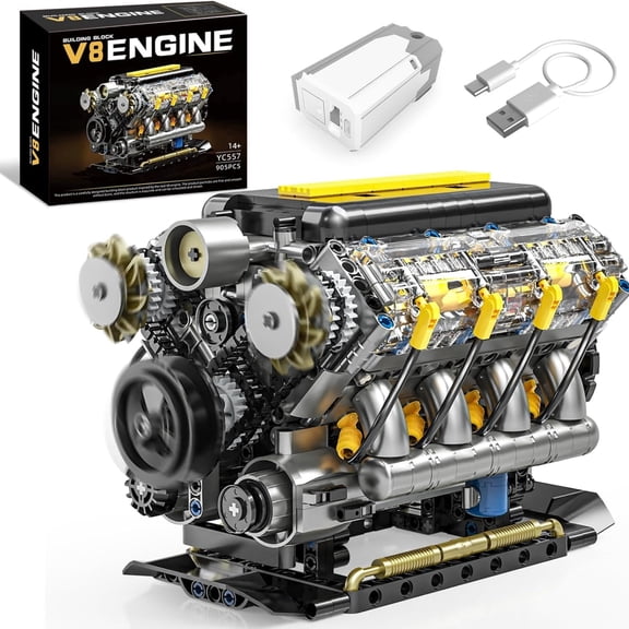 V8 Engine Model Kit, 905 Pcs Building Blocks Set That Runs, Mini Car Motor STEM Model for Hobbyists, Physical Science Kit for Adults, 1-Pack
