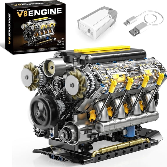 V8 Engine Model Kit, 905 Pcs Building Blocks Set That Runs, Mini Car Motor STEM Model for Hobbyists, Physical Science Kit for Adults, 1-Pack