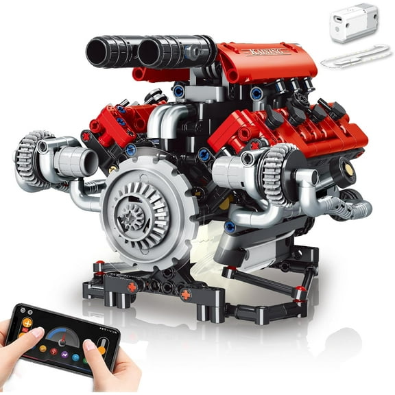V8 Engine Model Kit That Work - 8-Cylinder Visible Engine Building Blocks Set with Motor, LED Light & APP Control - Build Your Own Engineering Kit, STEM Project