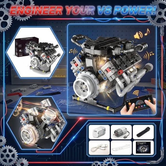 V8 Engine Model Kit That Works, APP Controlled 8-Cylinder Car Engine Building Blocks Set with Motor and LED Lights, STEM Mechanical Engineering Projects Toy Gift