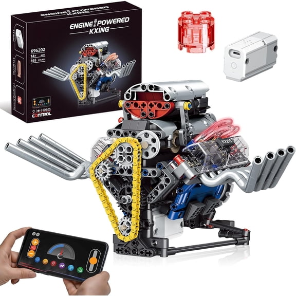 V8 Engine Model Kit That Works, APP Controlled Mini V8 Engine Building Block Set for Adults, Physical Science Experiment Toy with Rechargeable Motor (665 PCS)