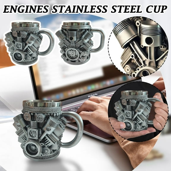 V8 Engine Mug – Unique Stainless Steel Coffee Cup for Car Lovers, Personalized V8 Design, Great Gift for Auto Enthusiasts