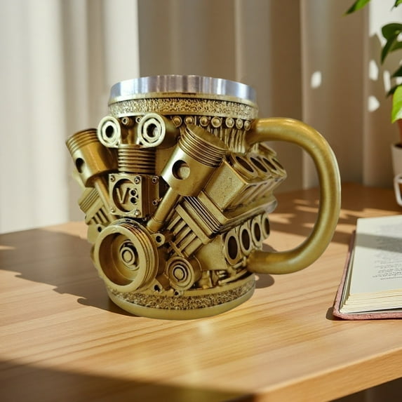 V8 Engines Stainless Steel Cup, 2025 New 3D Engines Stainless Steel Cup, V8 Engine Personalized Retro Stainless Steel Coffee Mug with Handle for Mechanics and Car Enthusiasts