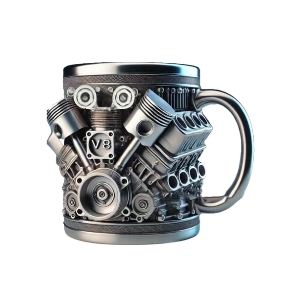 V8 Engines Stainless Steel Cup,Personalized Stainless Steel Mug,V8 Engine Design,Stainless Steel Coffee Mug with Handle,Drinkware,Metal Cup,Durable & Stylish for Car Enthusiasts,V8 Engine Mug