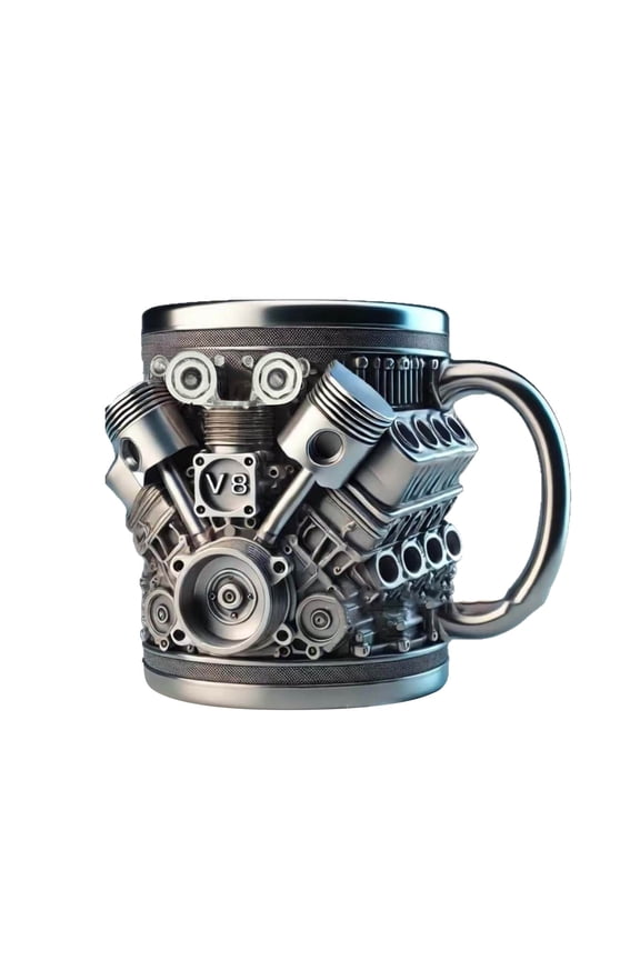 V8 Engines Stainless Steel Cup,Personalized Stainless Steel Mug,V8 Engine Design,Stainless Steel Coffee Mug with Handle,Drinkware,Metal Cup,Durable & Stylish for Car Enthusiasts,V8 Engine Mug