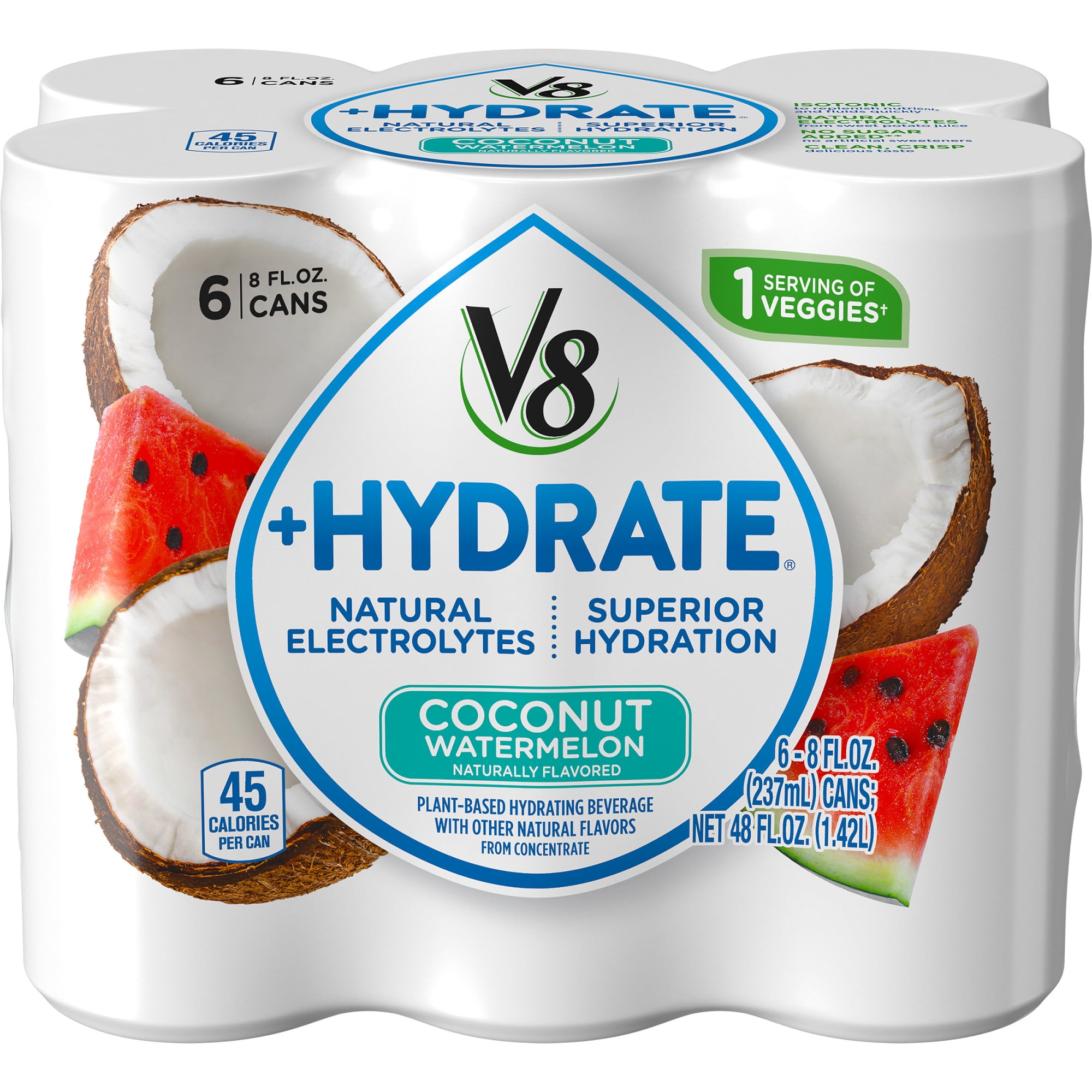 V8 +Hydrate Plant-Based Hydrating Beverage, Coconut Watermelon, 8 oz. Can (Pack of 6)