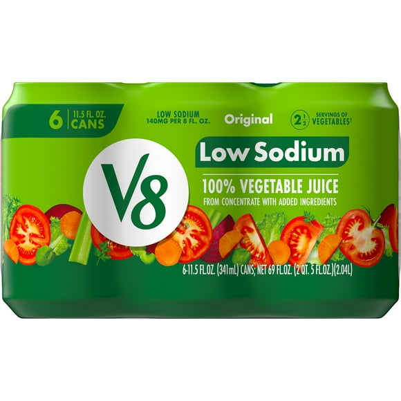V8 Low Sodium Original 100% Vegetable Juice, 11.5 fl oz Can, 6 Count