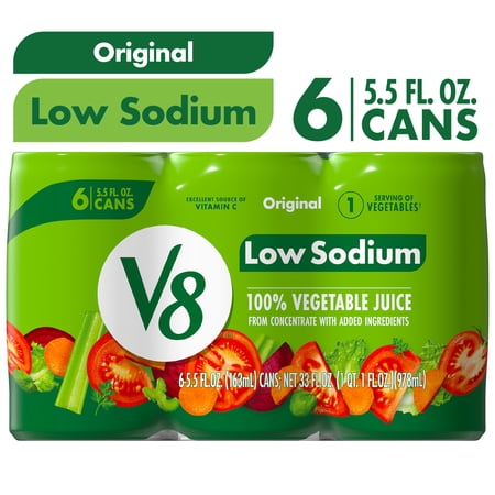 V8 Low Sodium Original 100% Vegetable Juice, 5.5 fl oz Can, 6 Count