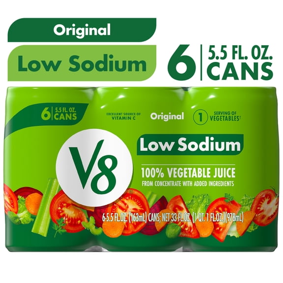 V8 Low Sodium Original 100% Vegetable Juice, 5.5 fl oz Can, 6 Count