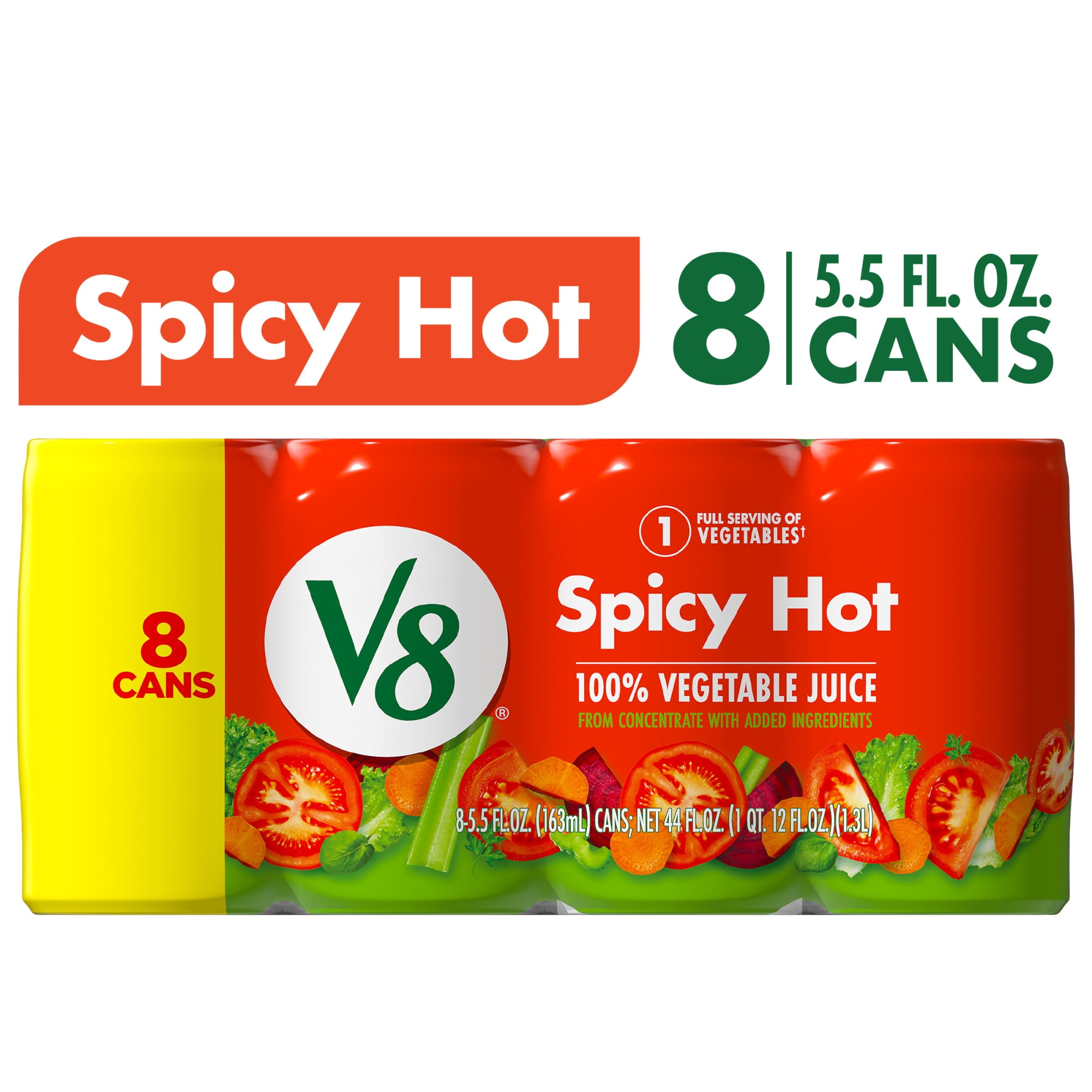 V8 Spicy Hot 100% Vegetable Juice, 5.5 fl oz Can, 8 Count