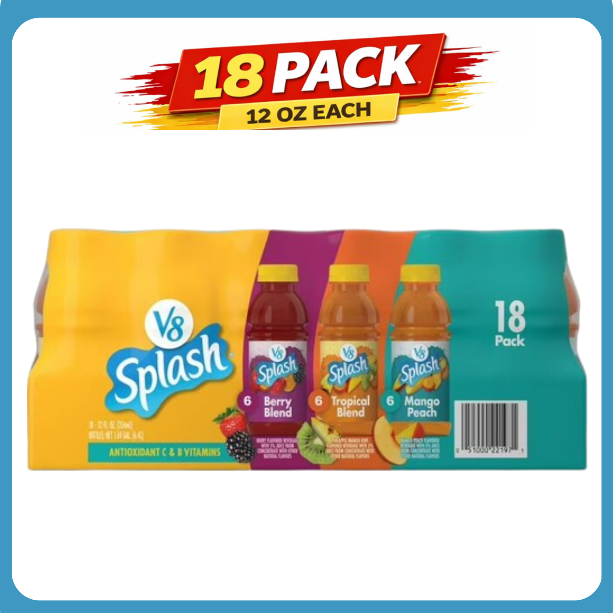 V8 Splash Variety Pack Juice Drink, 12 fl oz Bottles, 18 Pack – Fruit Flavored Beverage for Kids & Family