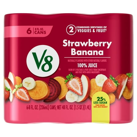 V8 Strawberry Banana 100% Fruit and Vegetable Juice, 8 fl oz Can, 6 Count