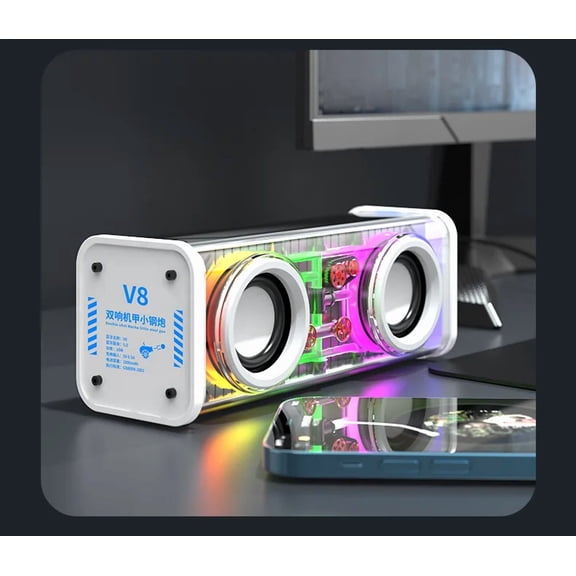 V8 Transparent Mecha Speakers Bluetooth 5.0 Wireless Double Bass Diaphragm Subwoofer Music TWS RGB Light Mini Party Loudspeaker