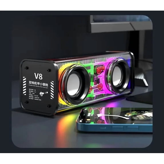 V8 Transparent Mecha Speakers Bluetooth 5.0 Wireless Double Bass Diaphragm Subwoofer Music TWS RGB Light Mini Party Loudspeaker