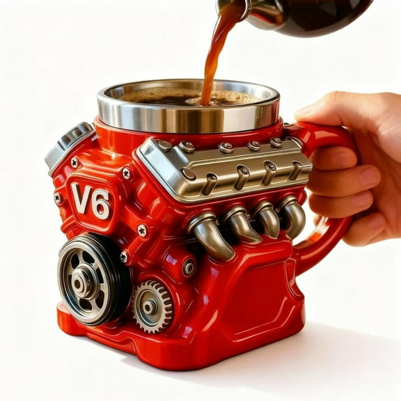 V8&V6 Engine Stainless Steel 3D Mug - Retro Engine Coffee Mug, Personalized Double Wall Insulation Car Mug with Handle for Father's Day, Christmas, Husband, Mechanic, Car Enthusiast