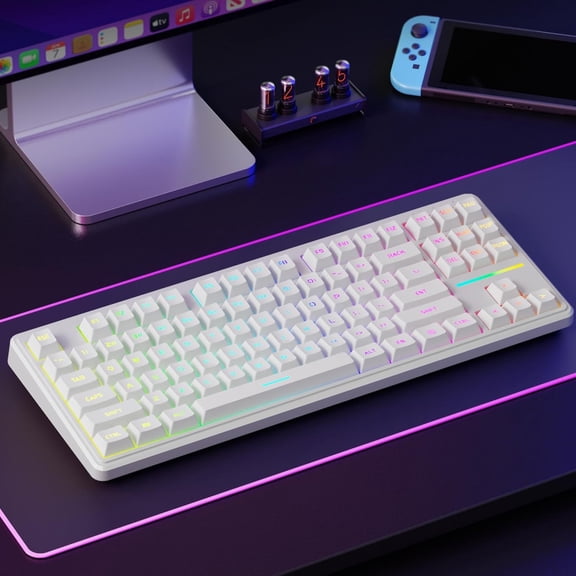V80 Wired TKL  Gaming Keyboard, 80% Compact Layout with PBT Keycaps, Whisper Quiet Membrane , 26-Key Anti-Ghosting,  Computer Keyboard for Laptop PC Gamer - White