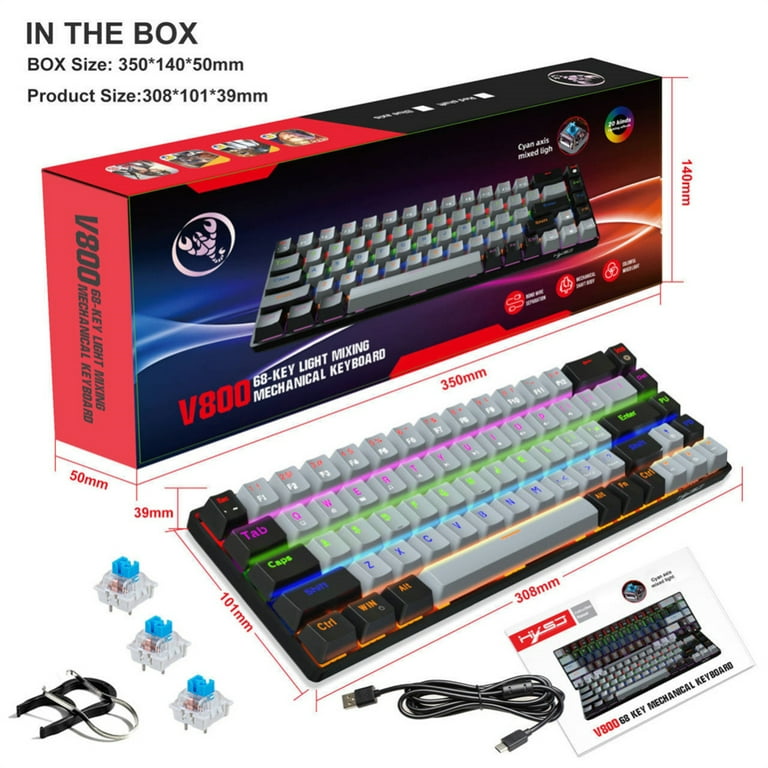V800 Mechanical Gaming Keyboard LED Backlit Compact 68 Keys Mini