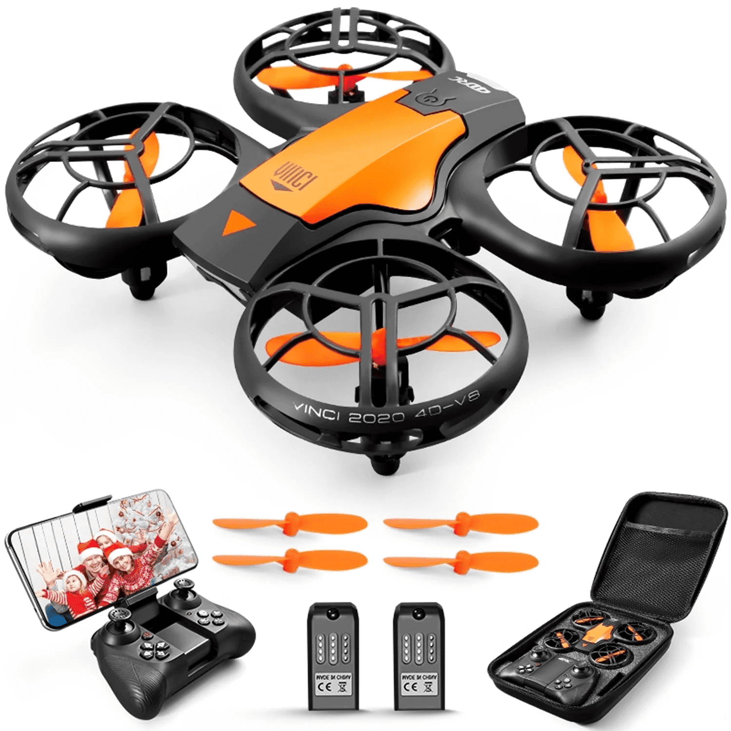 V8c Drone with 720P HD Camera for Adults and Children FPV Real-Time Video, 2 Modular Batteries and Storage Bag, Orange