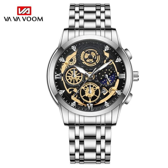 VA VA VOOM Brand Men Sports Watches Fashion Stainless Steel Luxury Calendar Luminous Waterproof Quartz Men's Wristwatches Reloj