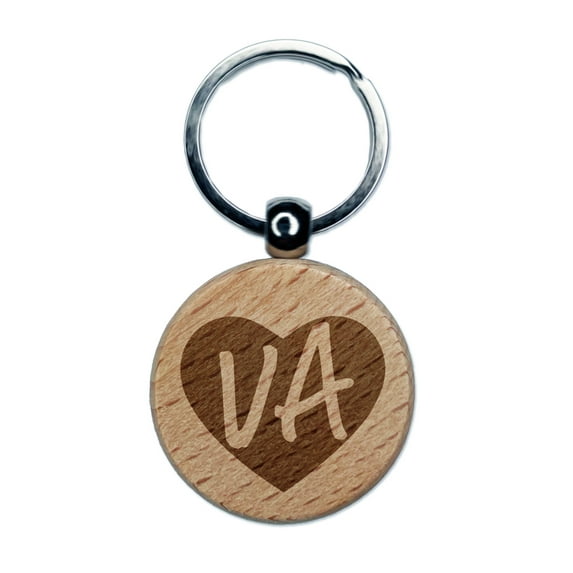 VA Virginia State in Heart Round Keychain Charm Tag - Engraved Wood