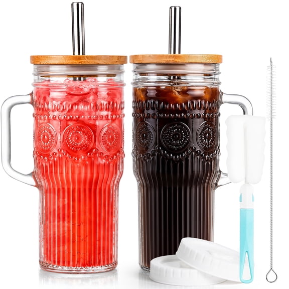 VA1KENE 22oz 2 Piece Glass Tumbler with Lids and Straws Bohemian Glass Drinking Cups with Handle for Juice Tea Smoothies