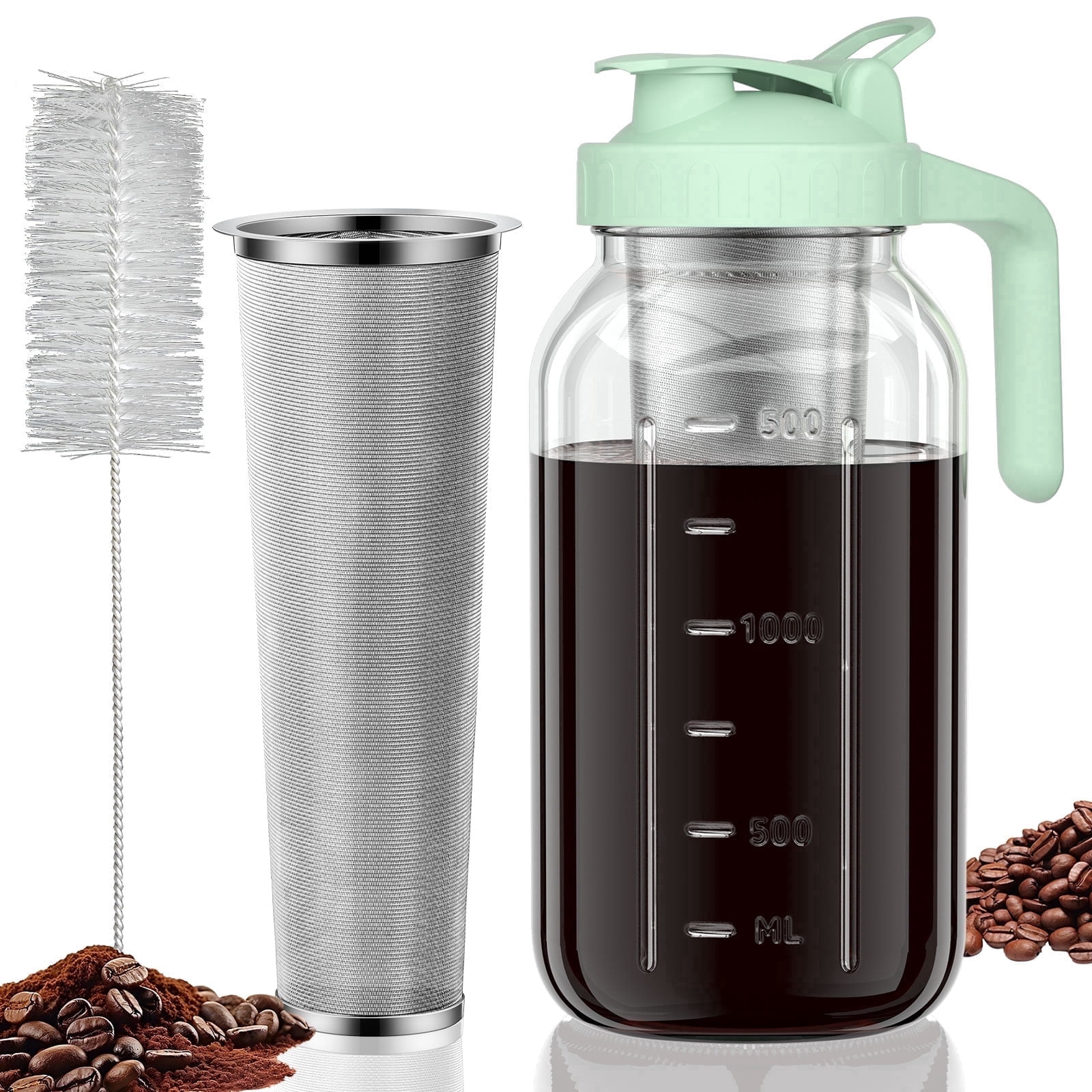 VA1KENE Cold Brew Coffee Pitcher 64oz Mason Jar Pitcher with Stainless Steel Filter Pour Spout Handle Lid Cold Brew Pitcher for Iced Coffee Tea Lemonade Green
