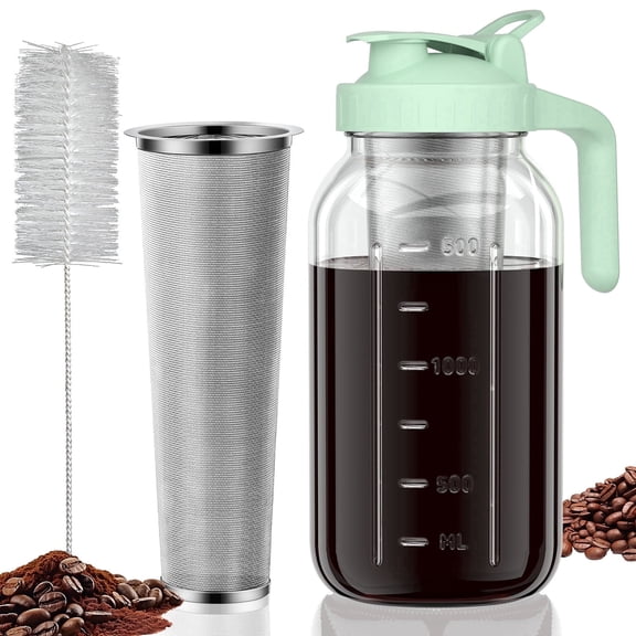 VA1KENE Cold Brew Coffee Pitcher 64oz Mason Jar Pitcher with Stainless Steel Filter Pour Spout Handle Lid Cold Brew Pitcher for Iced Coffee Tea Lemonade Green