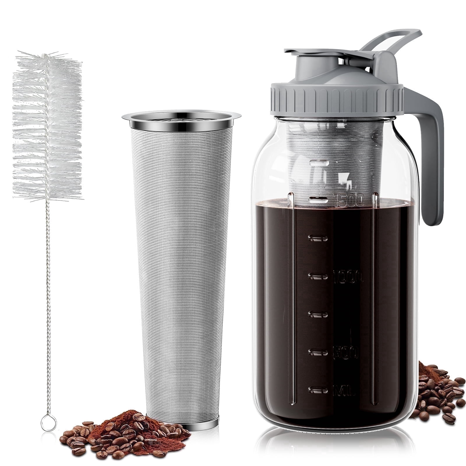 VA1KENE 64oz Cold Brew Coffee Pitcher Ice Coffee Maker with Spout, Handle & Stainless Steel Filter Coffee Maker with lid for Home Kitchen-Gray