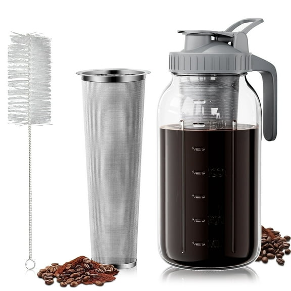 VA1KENE 64oz Cold Brew Coffee Maker Ice Coffee Maker with Spout, Handle & Stainless Steel Filter Coffee Pitcher with lid for Home Kitchen-Gray