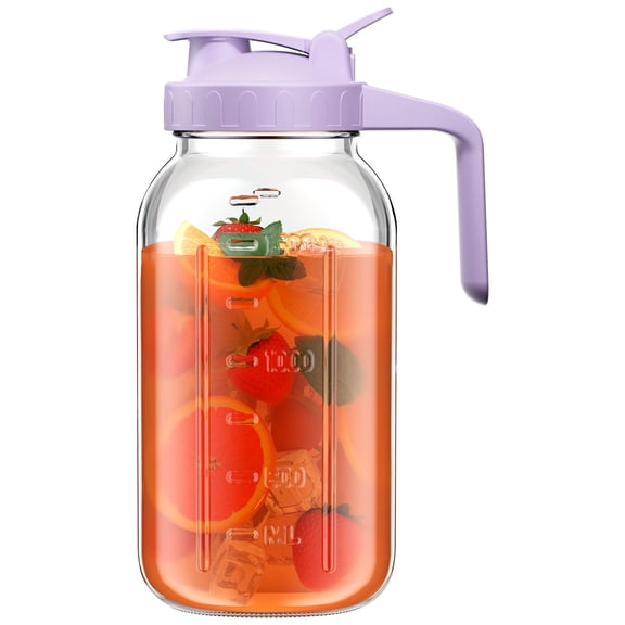 VA1KENE Glass Pitcher 64 oz Mason Jar Pitcher with Lid and Spout Leakproof for Drinks Juice Coffee Milk Tea Purple