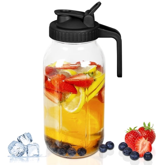 VA1KENE Glass Pitcher with Lid 64oz Mason Jar Tea Jar for Sun Tea, Beverage Jug with Spout and Handle for Lemonade, Iced Drinks-Black