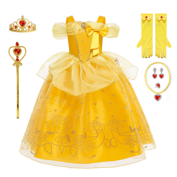 VAAT Princess Belle Costume for Girls Princess Dress Up with Crown Wand Necklace Earring Gloves