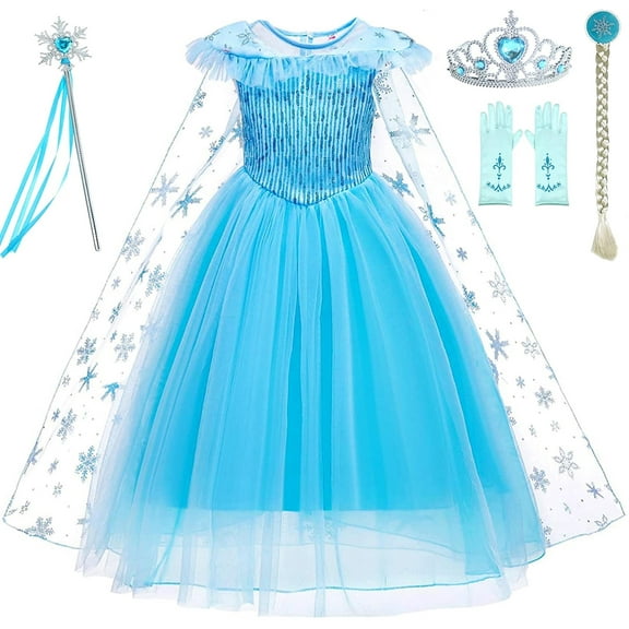 VAAT Princess Elsa Dress for Girls Princess Costume Party Dress Up with Shiny Long Cape Blue