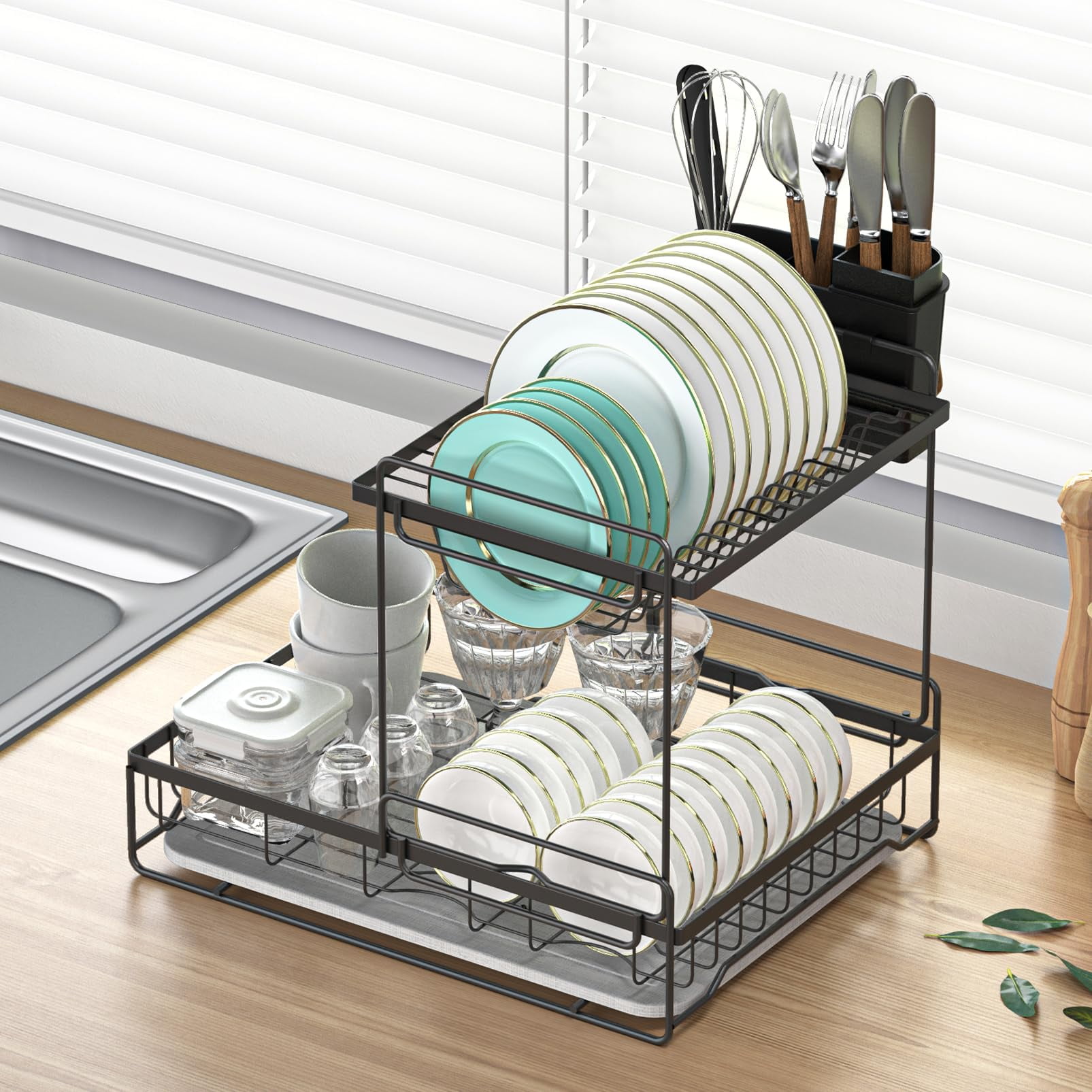 VABNEER Dish Drying Rack with Stone Drying Mat, 2 Tier/Quick-Drying ...