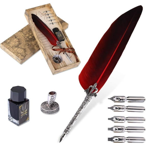 VABNEER Feather pen gift set Quill Pen Feather Pen with Ink & 5 Replacement Nibs