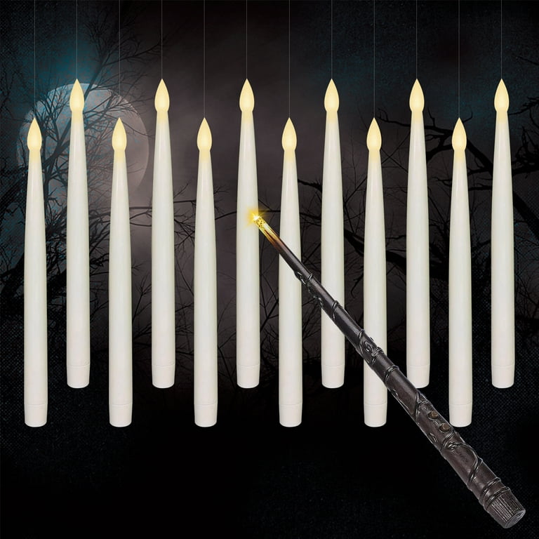 VACUSHOP 12pcs Flameless Taper Floating Candles with Magic Wand Remote,  Halloween Christmas Birthday Home Decor, Flickering Warm Light, Battery