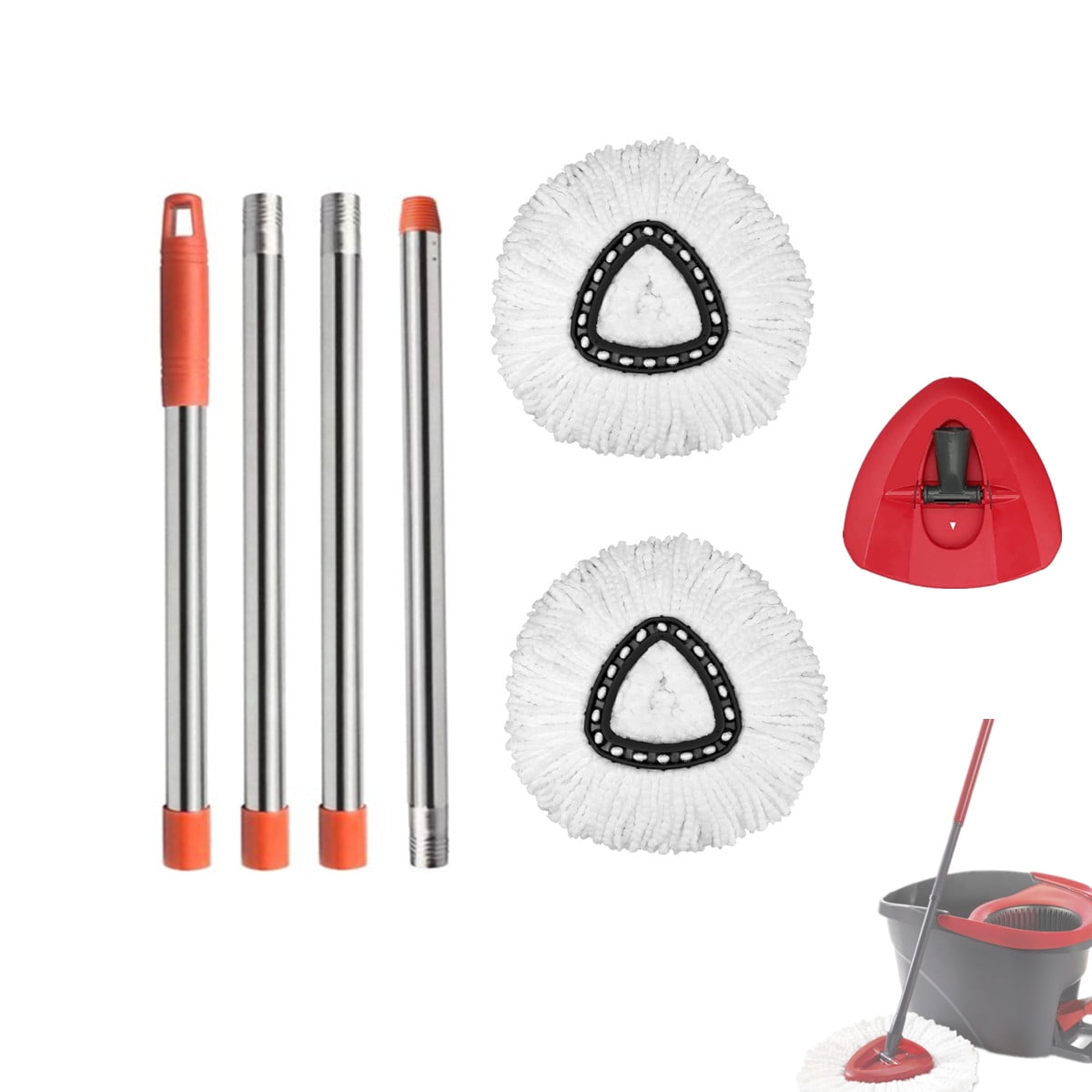 4section Spin Mop Replacement Head Handle + 2 Mop Heads for O