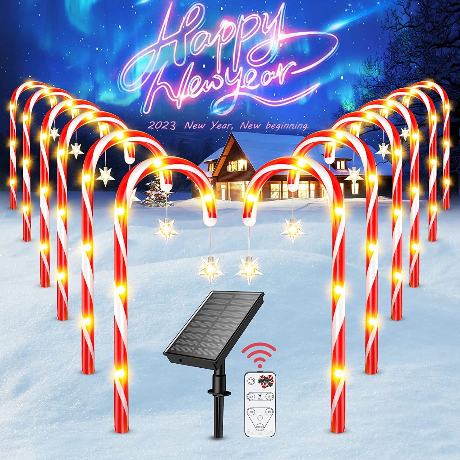 Outdoor Christmas Decorations, 12 Pack Solar Christmas Candy Cane Lights with Wireless Remote Control & Bigger Solar Panel, 9 Modes Bright All Night Solar Christmas Yard Pathway Decorations